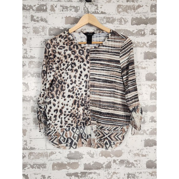 Ali Miles Shirt Womens Medium Petite White Cheetah Stripe‎ Tribal Flowy - Picture 1 of 16
